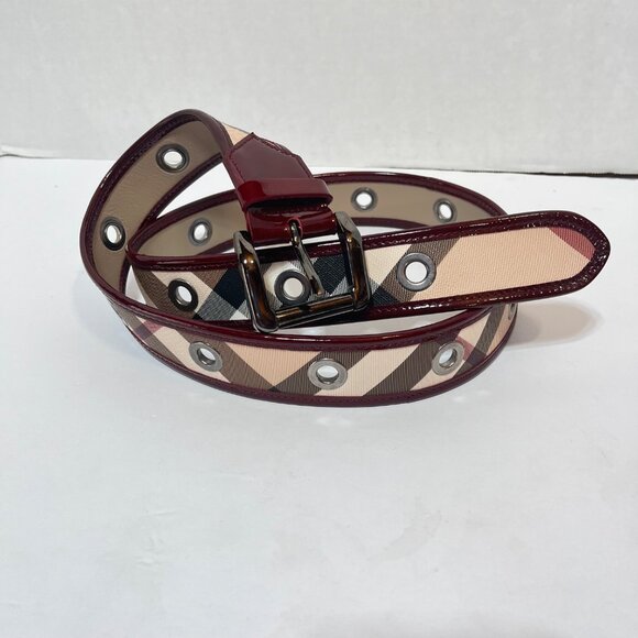 Burberry Women's Checkered Belt Size 40 Leather & Canvas Burgundy & Beige - Picture 4 of 7